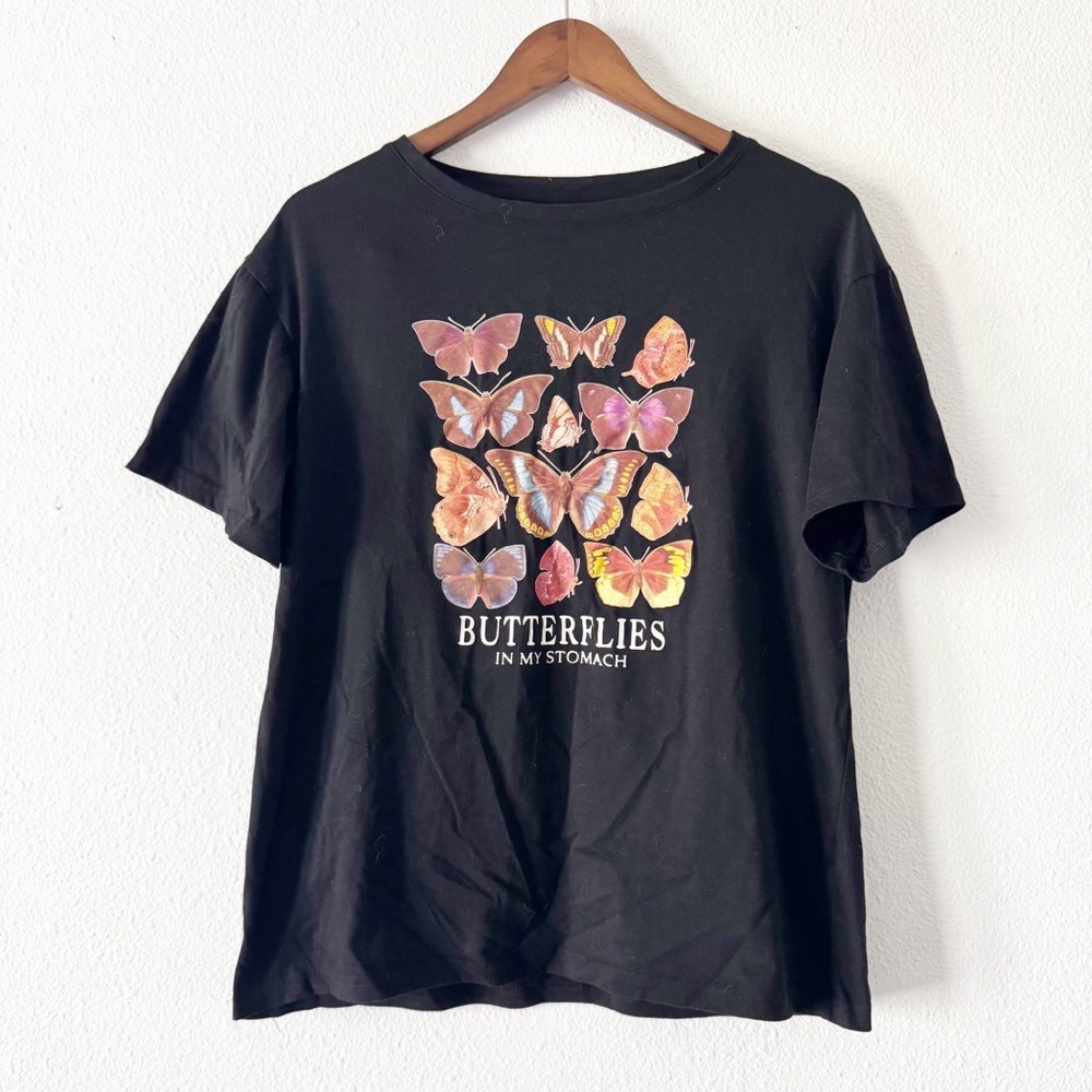 Black Butterfly Graphic Tee Butterflies in My Stomach Large Whimsy Y2K Vibe Boho - Picture 1 of 8